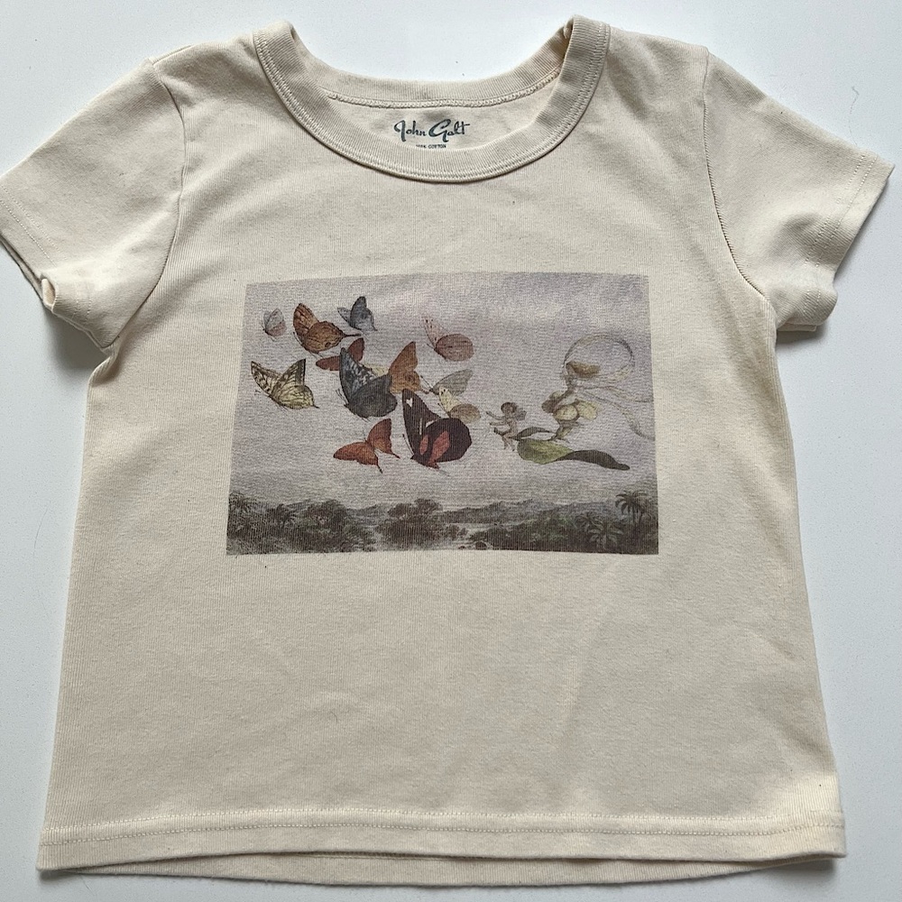 Brandy Melville Butterfly beige short sleeve crop top